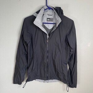 REI Coop women's Size XS Rain jacket Windbreaker Hooded Brim Full Zip Gray